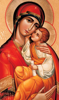 The Virgin Mary and the baby Jesus in an emotionally evocative but dimensionally flat iconography (artist unknown)