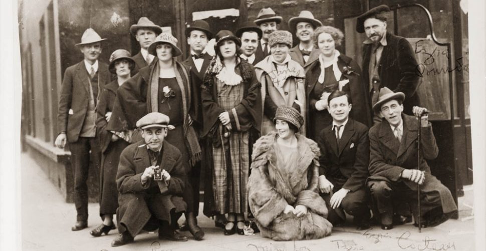 Group portrait of American and European artists and performers in Paris: Man Ray, Mina Loy, Tristan Tzara, Jean Cocteau, Ezra Pound, Jane Heap, Kiki de Montparnasse, c. 1920s